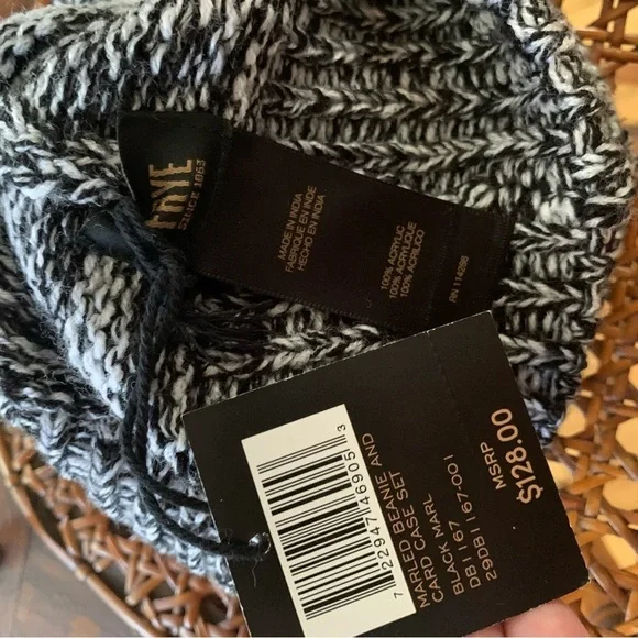 FRYE | NWT Black Charcoal White Marled Beanie with Pom Pom OS - Picture 12 of 15
